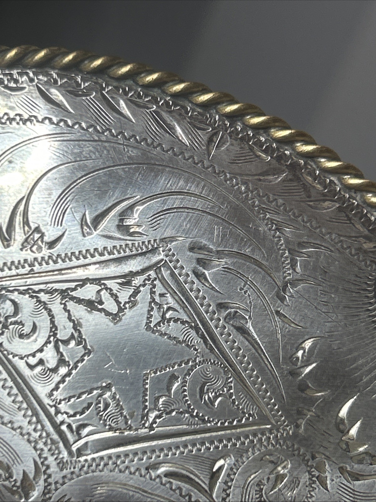 57. Vintage 925 Hand Engraved STAR Swirl Brass Rope Framed Oval Buckle 50.4g