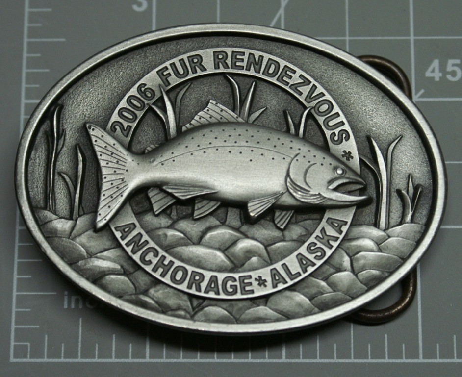 2006 Fur Rondy Rendezvous Belt Buckle Pewter Salmon Fish Brand New A80