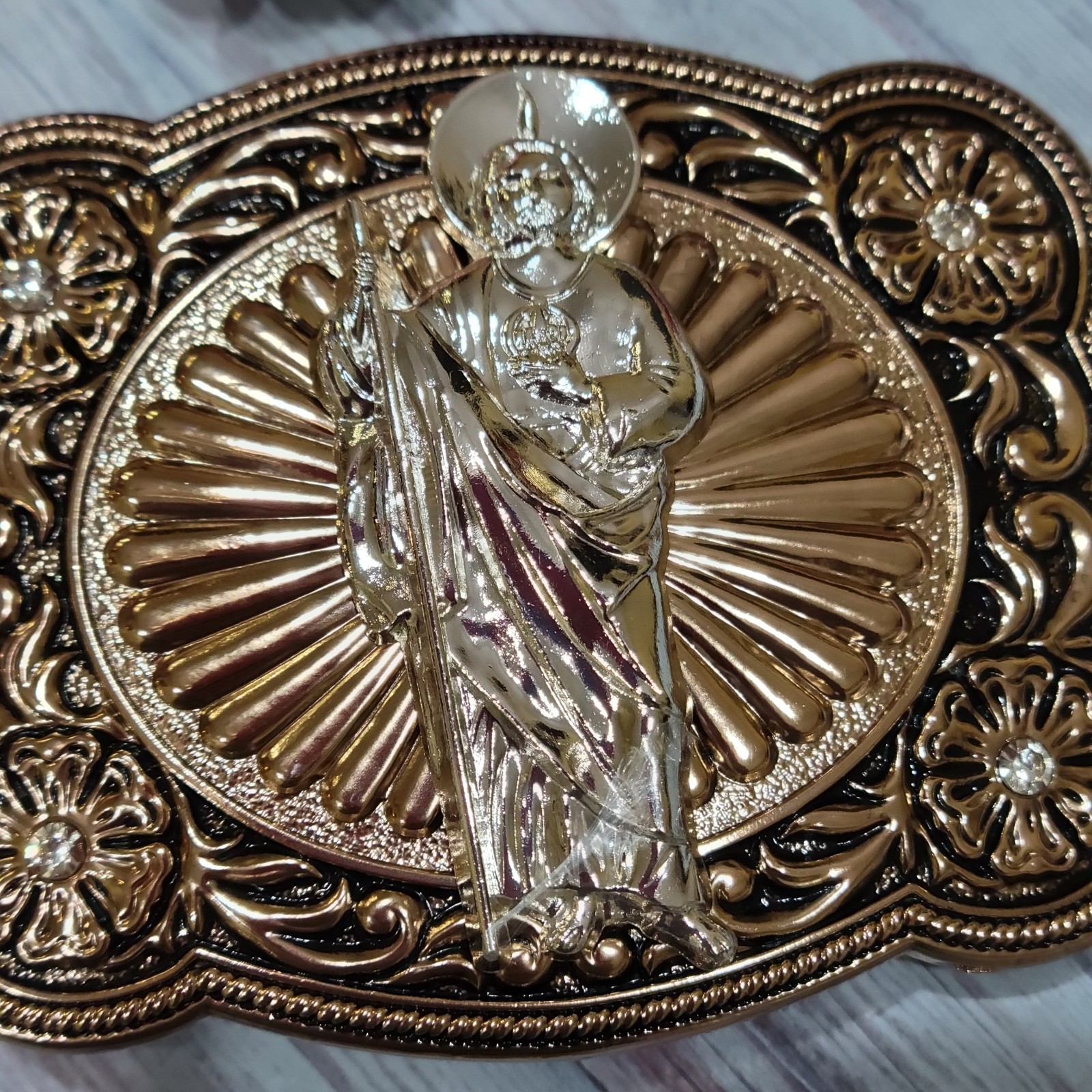 KIDS belt Buckle Saint jude San Judas Western belt Buckle Rose Tone & Silver