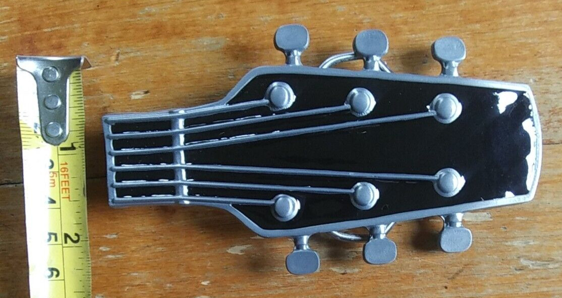 Vintage Guitar Headstock Enamel RnR Rockabilly Country Musician Belt Buckle
