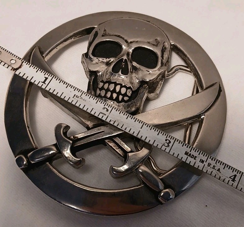 Vintage Silver Star Skull and Swords Belt Buckle Made in USA Jolly Roger Metal