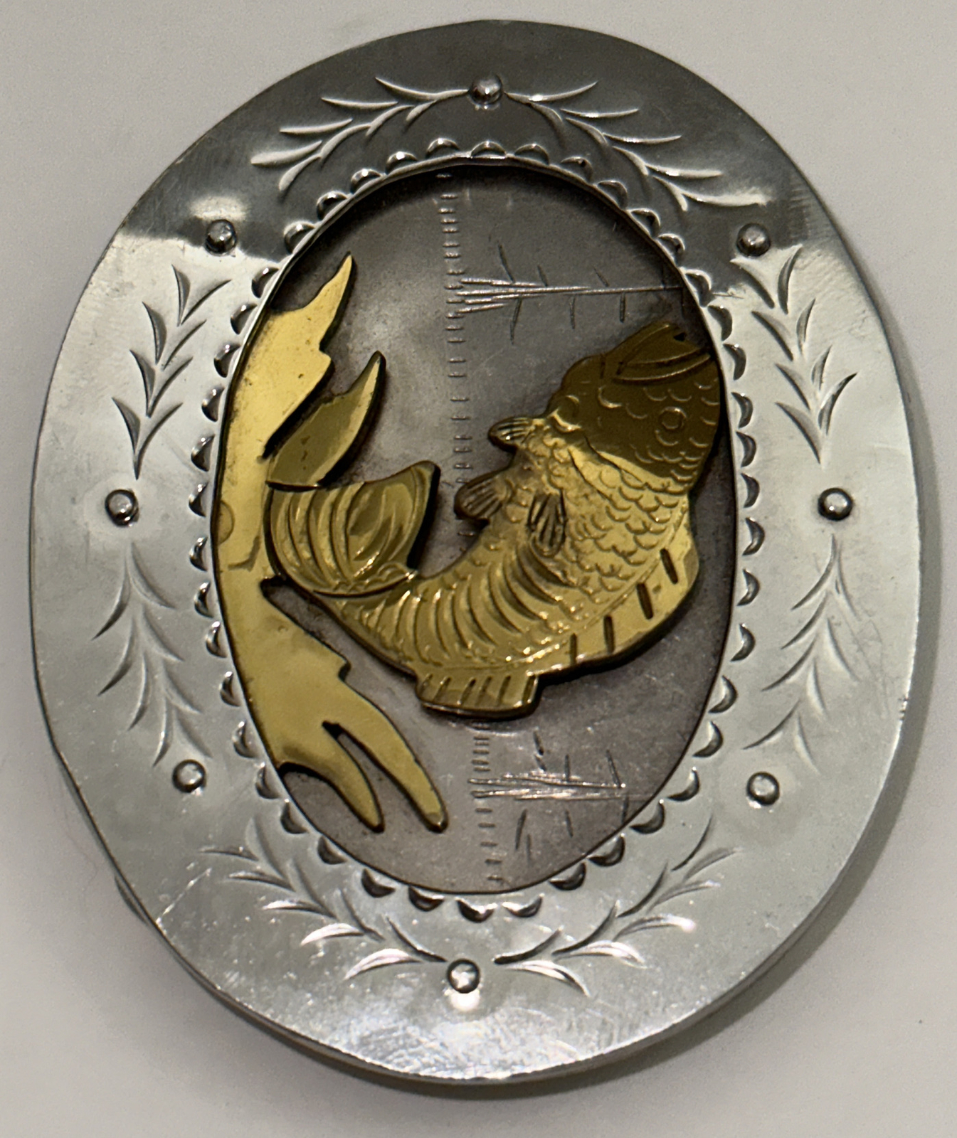 Framed Fish Handmade Stamped & Riveted Belt Buckle with Makers Mark on Back EUC