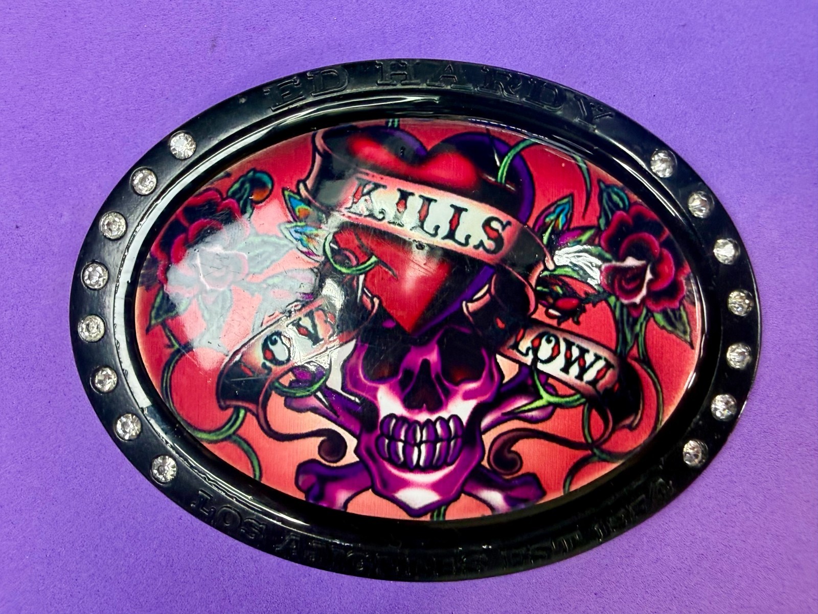 Ed Hardy Love Kills Slowly Signature Tattoo Skull with Rhinestones Belt Buckle