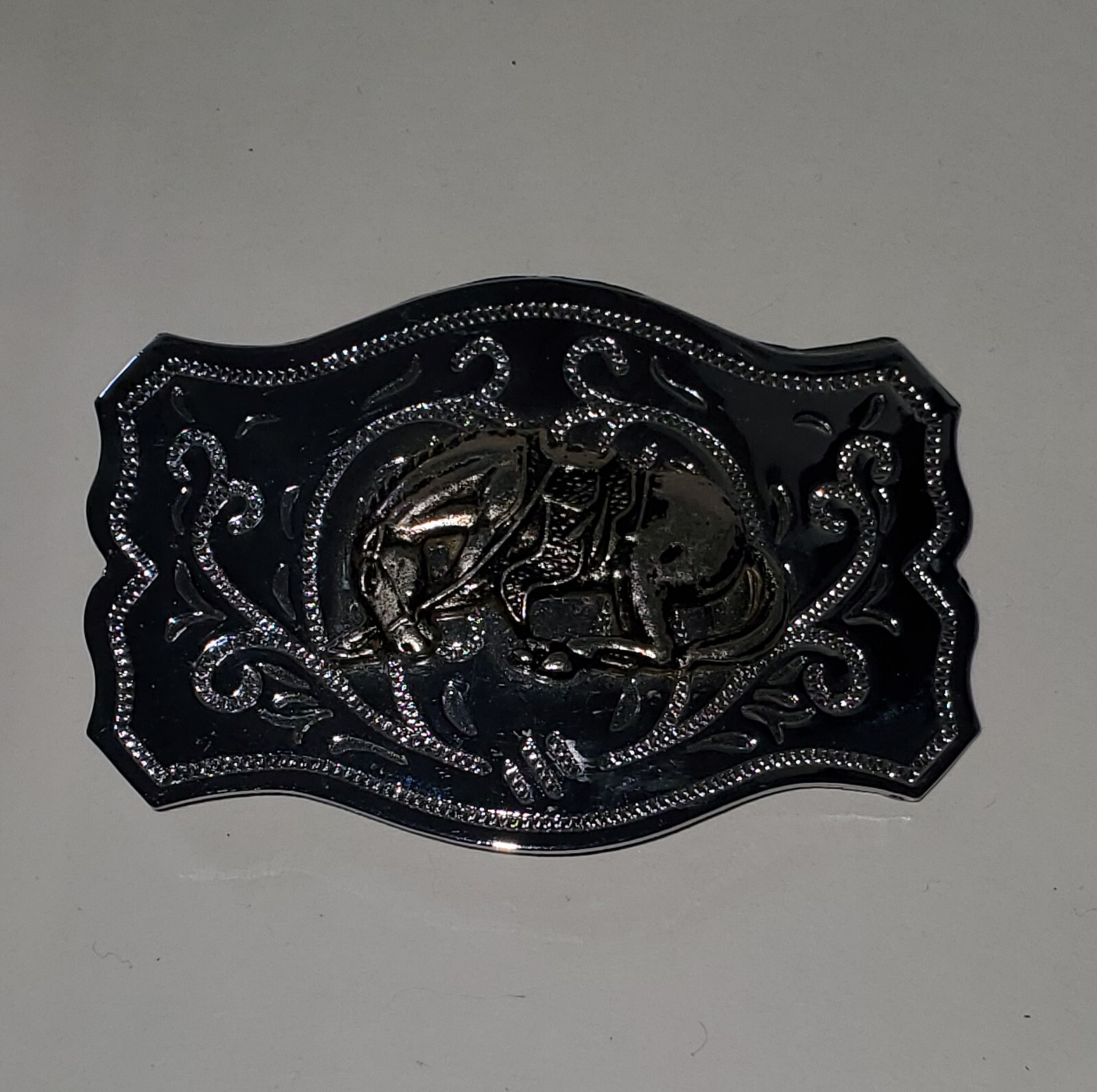 Vintage Chrome Belt Buckle with Applied Bronze Bucking Bronco Horse Clean READ