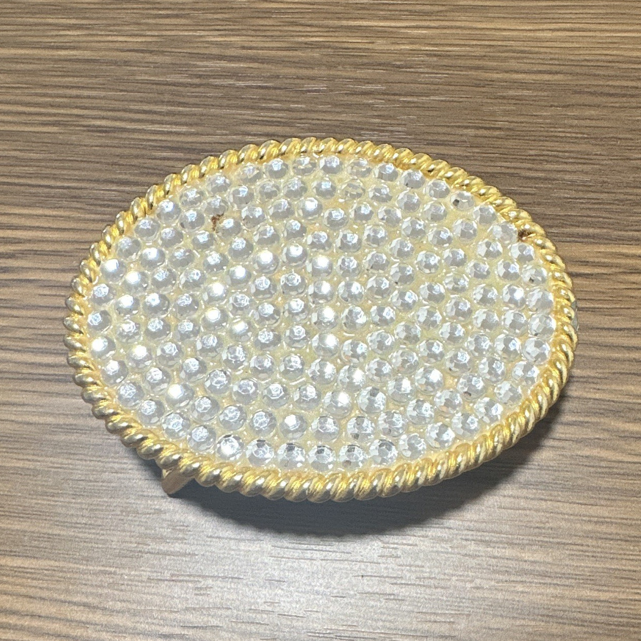 Oval Gold Tone Clear Rhinestone Bling Textured Metal Belt Buckle 1.5&Prime;