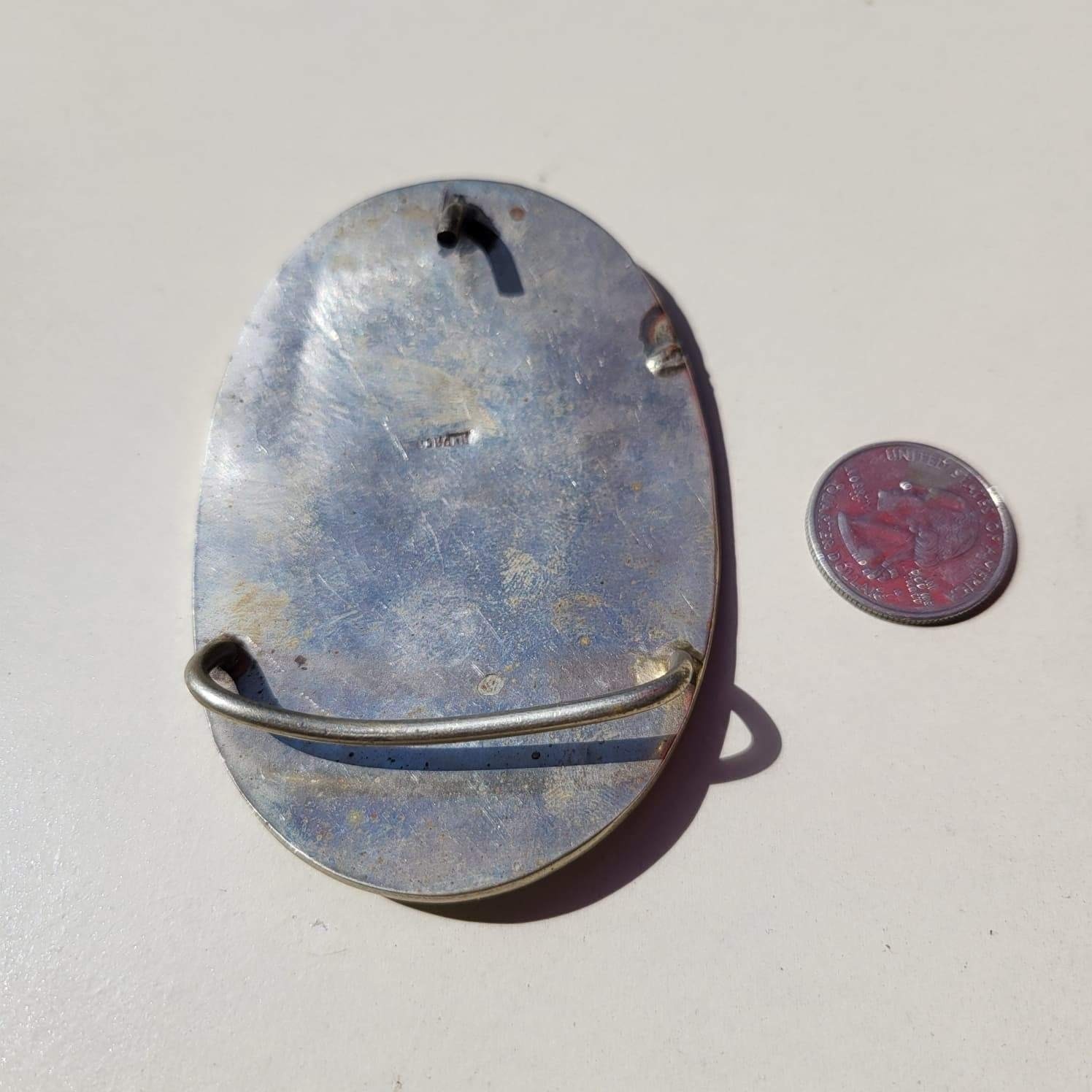 Vintage Alpaca Silver Abalone Shell Iridescent Mosaic Mexico Belt Buckle