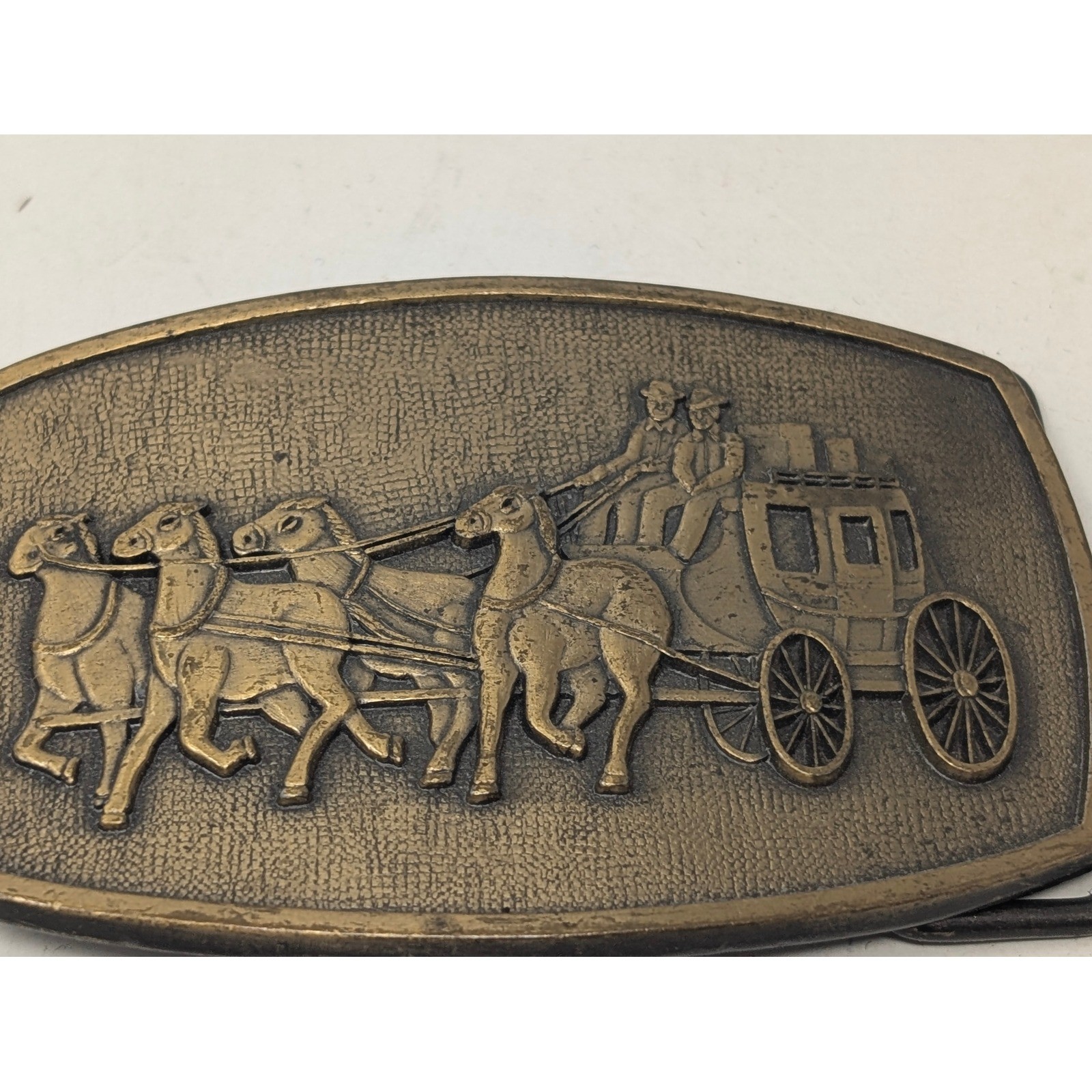 Vintage Western Horse Team Belt Buckle Brass Tone Cowboy Relief 3.25in