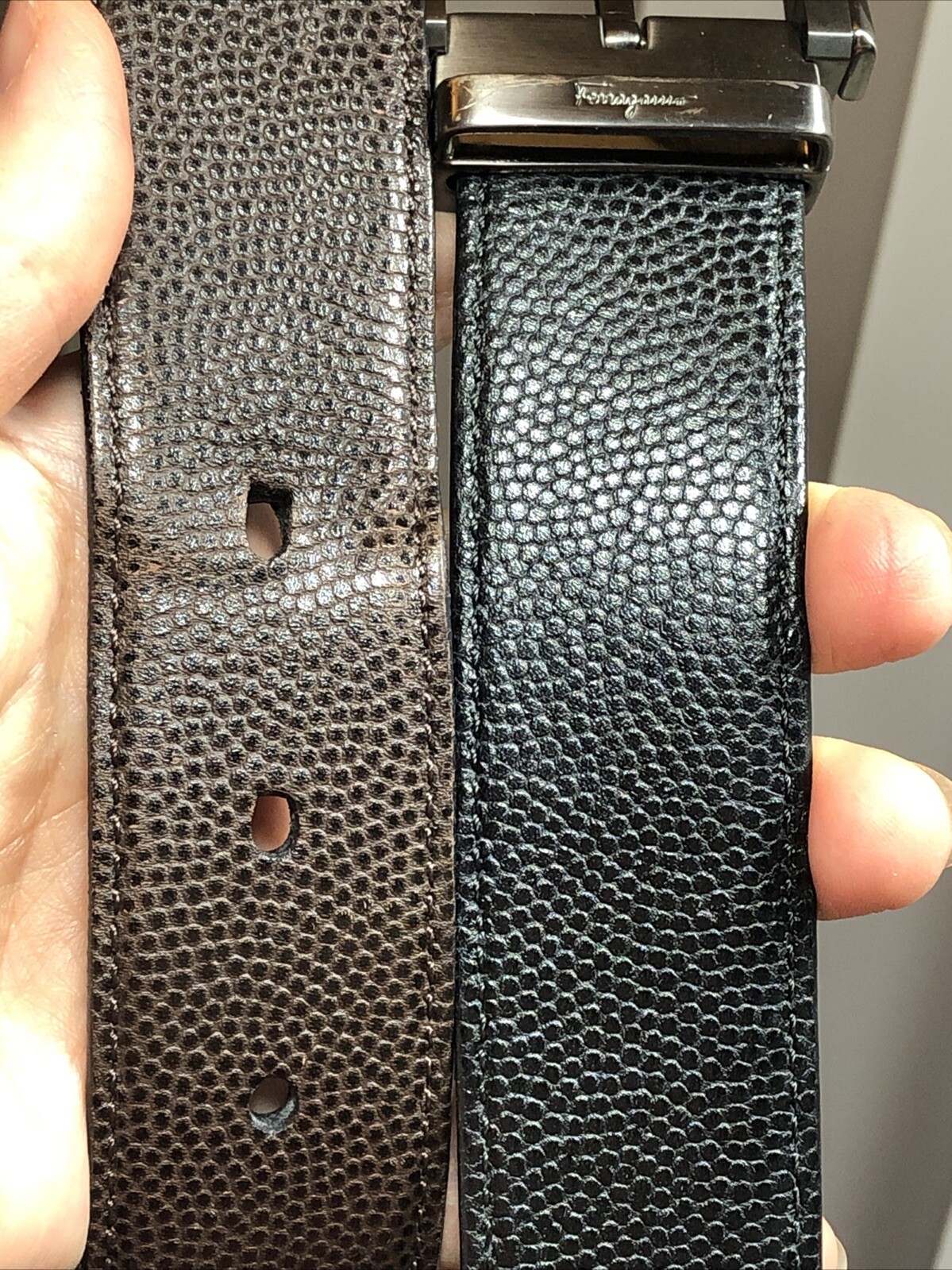 Salvatore Ferragamo Gun Metal tone Buckle black Brown leather removable belt