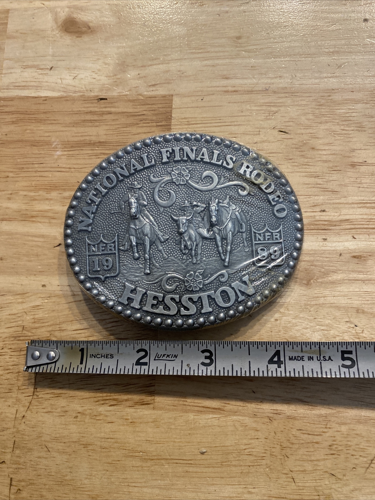 Hesston Vintage Rodeo Belt Buckle 1989 METAL Original Wrap National Finals NFR
