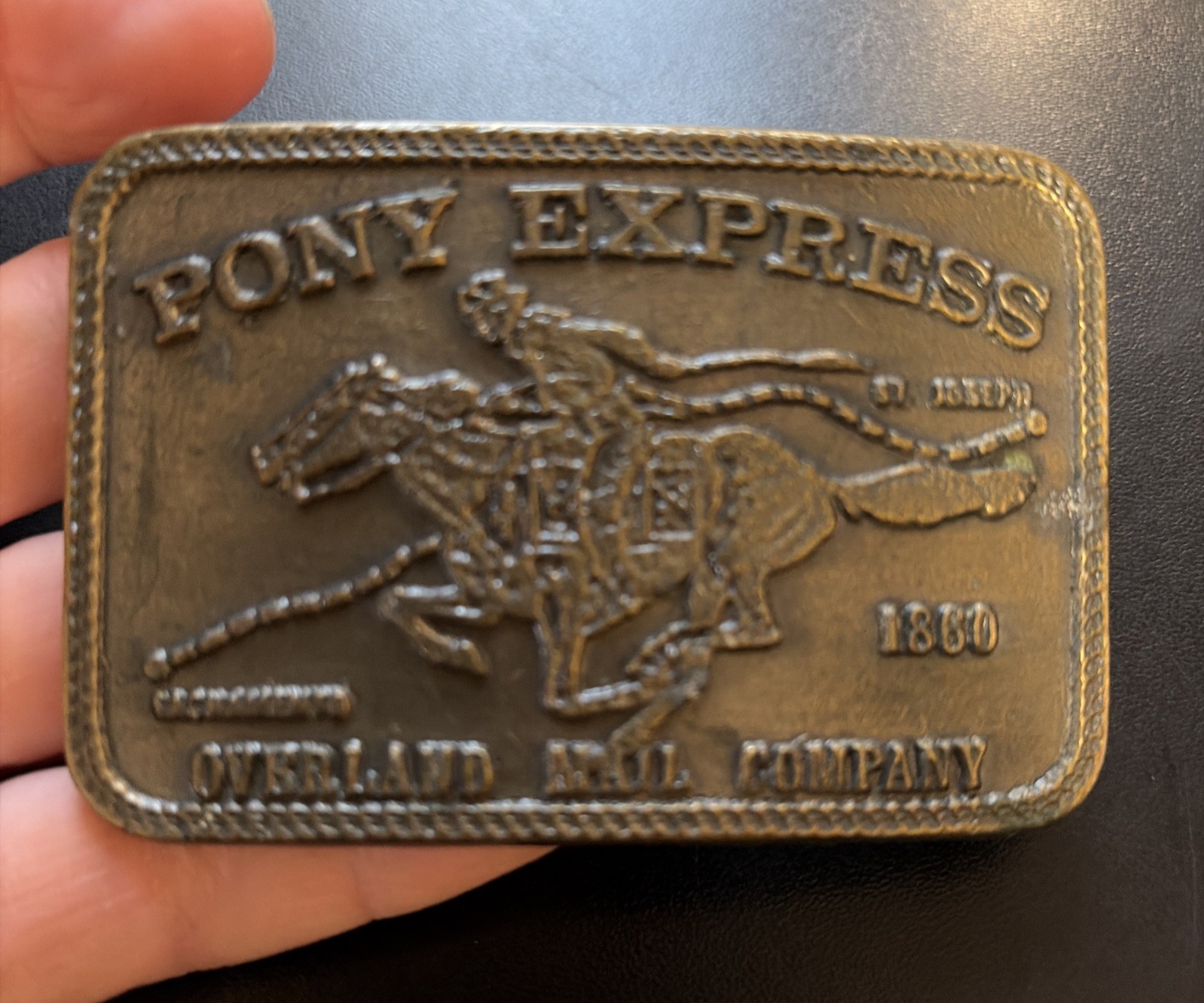 Vintage Pony Express Overland Mail Company 1860 Brass Metal Belt Buckle