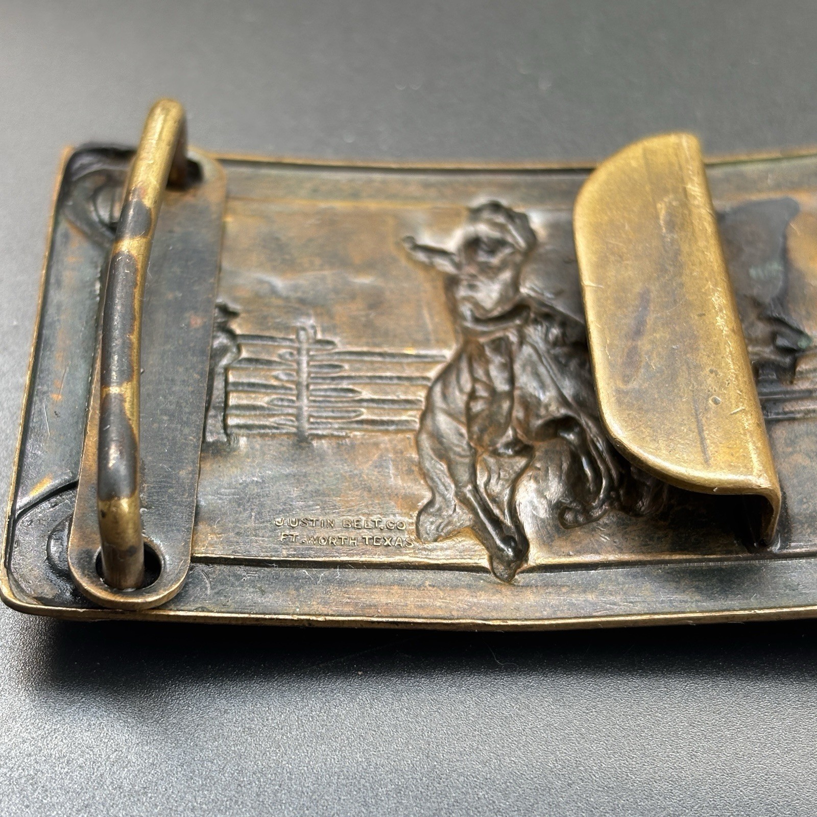 Vintage Justin Belt Bronco Horse Rider Brass Belt Buckle Cowboy Western c1950