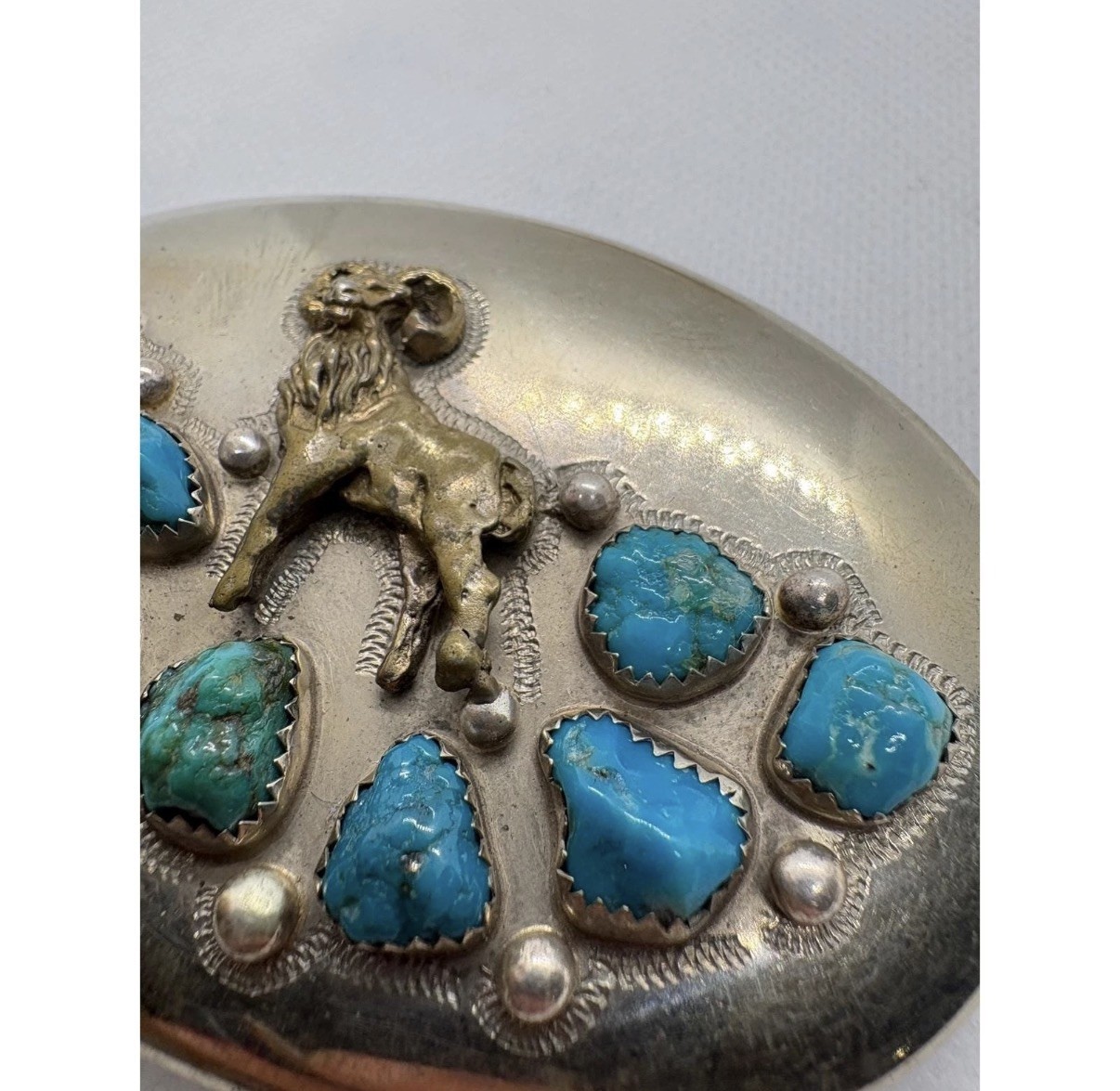 Vintage Ahumada & Sons Baboquivari Turquoise Ram Belt Buckle Silver Tone Oval