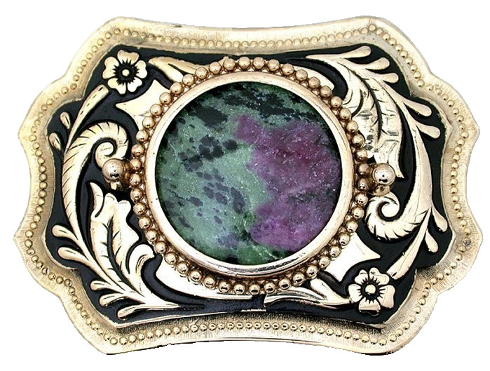 100 Carat Ruby Fuchsite Gold Color Western 3 7/10 Inch Belt Buckle EPBB259/61426