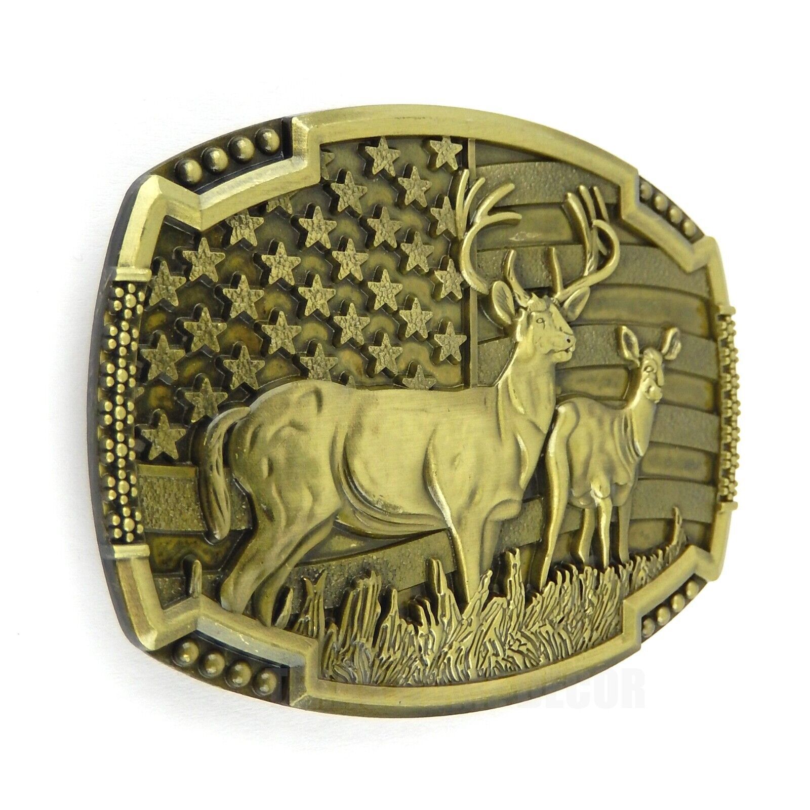 Buck Deer American Flag Belt Buckle USA Hunter Antique Bronze Tone 1.5&Prime; Belts