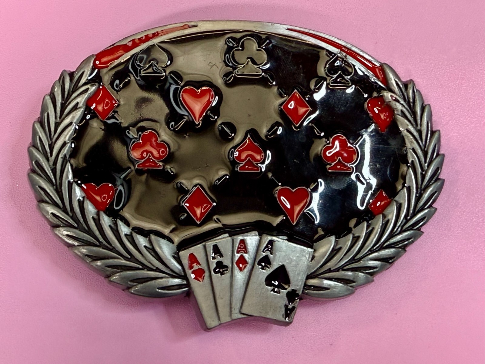Four Aces Laurel Leaf Playing Card Casino Las Vegas Gambling Gambler Belt Buckle