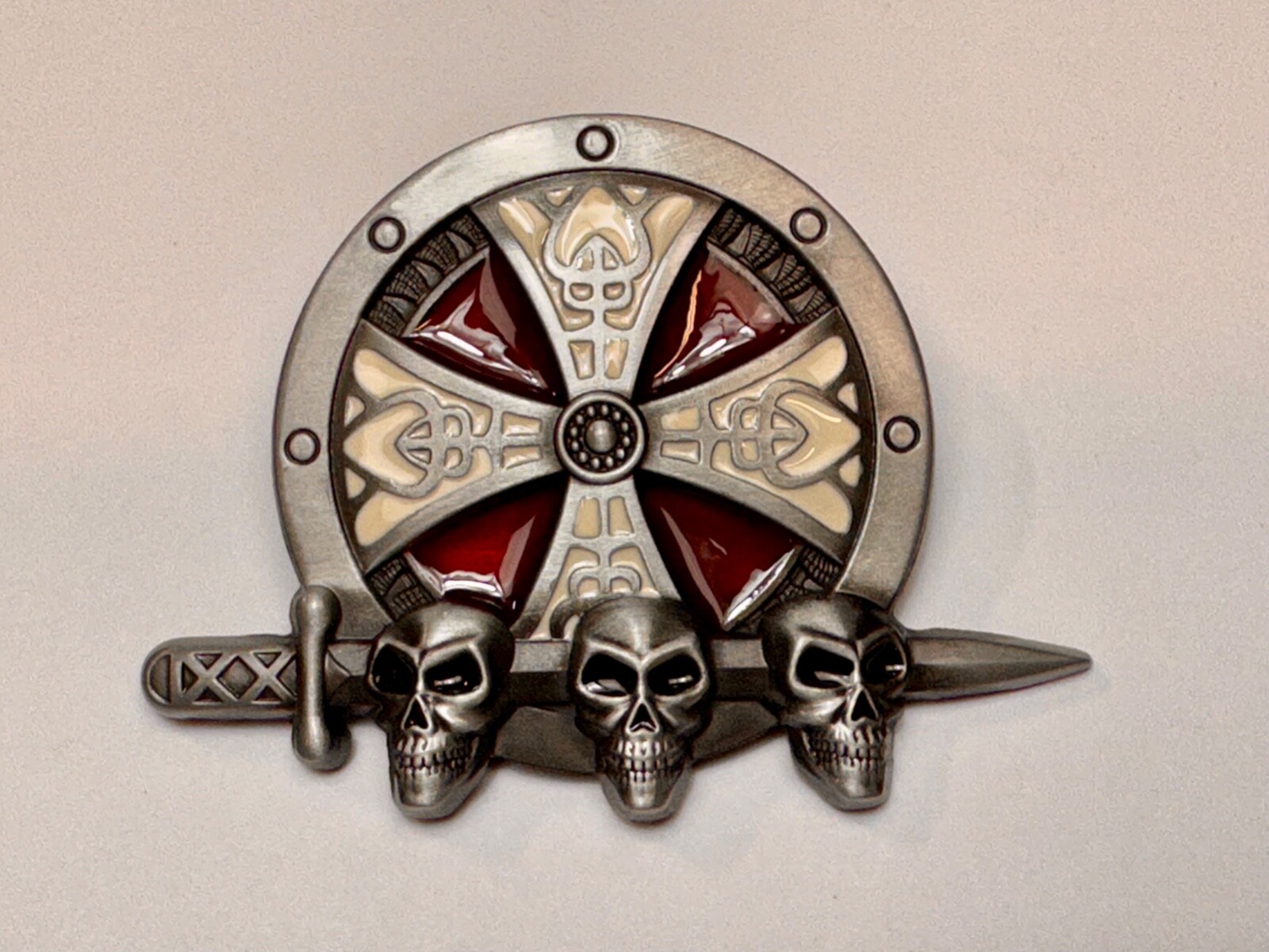Three Skulls With Sword Through Heads On Iron Cross Round Nos Belt Buckle