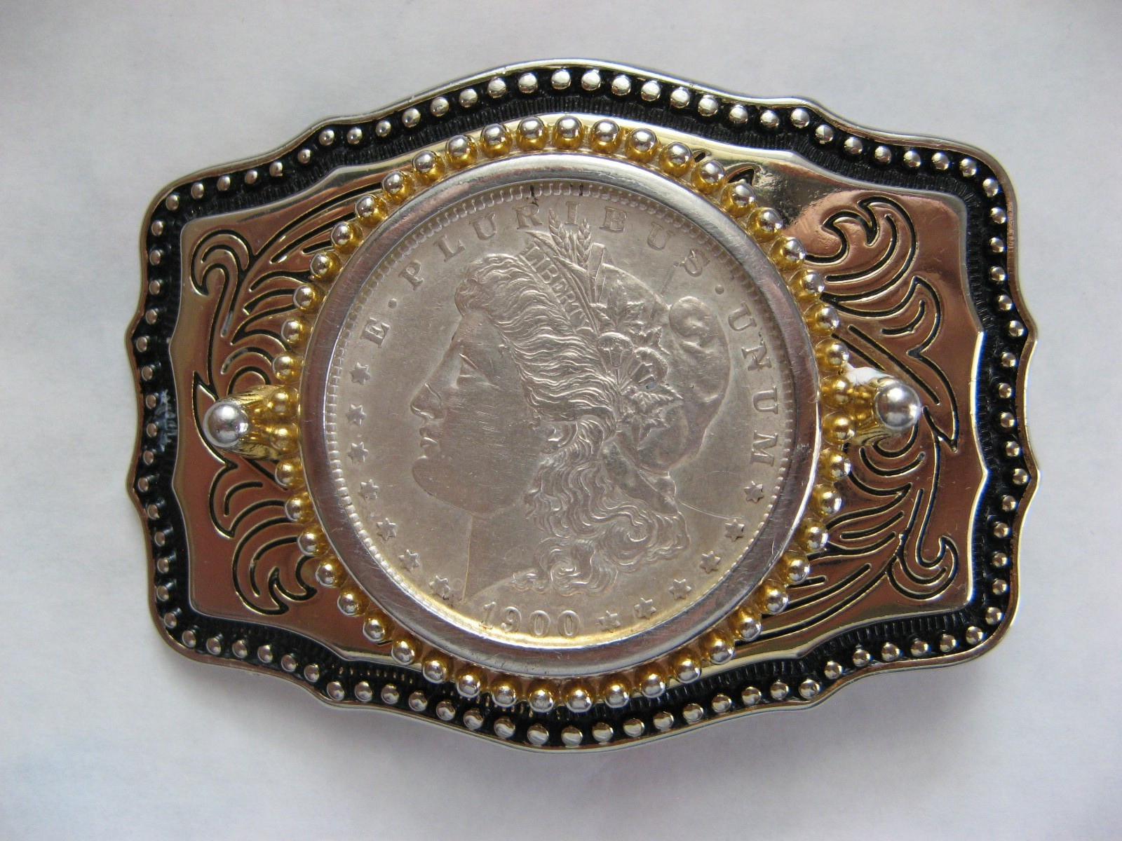 REDUCED $$$, 1900 Morgan Silver Dollar Belt Buckle Black, Gold, Silver Color