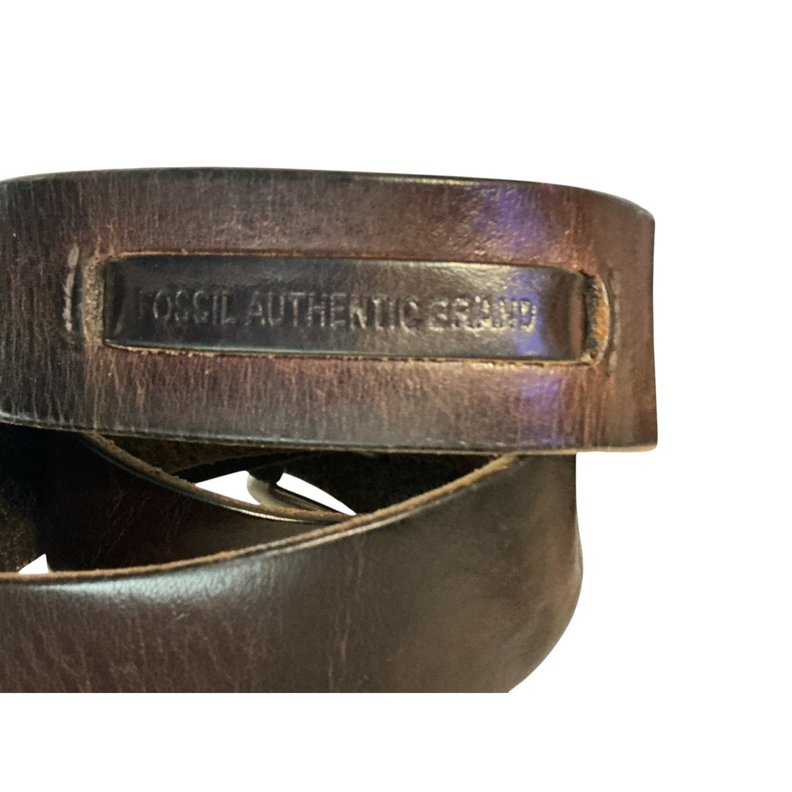 Vtg Fossil brown Leather Belt Silver Buckle Rugged Casual Distressed 34