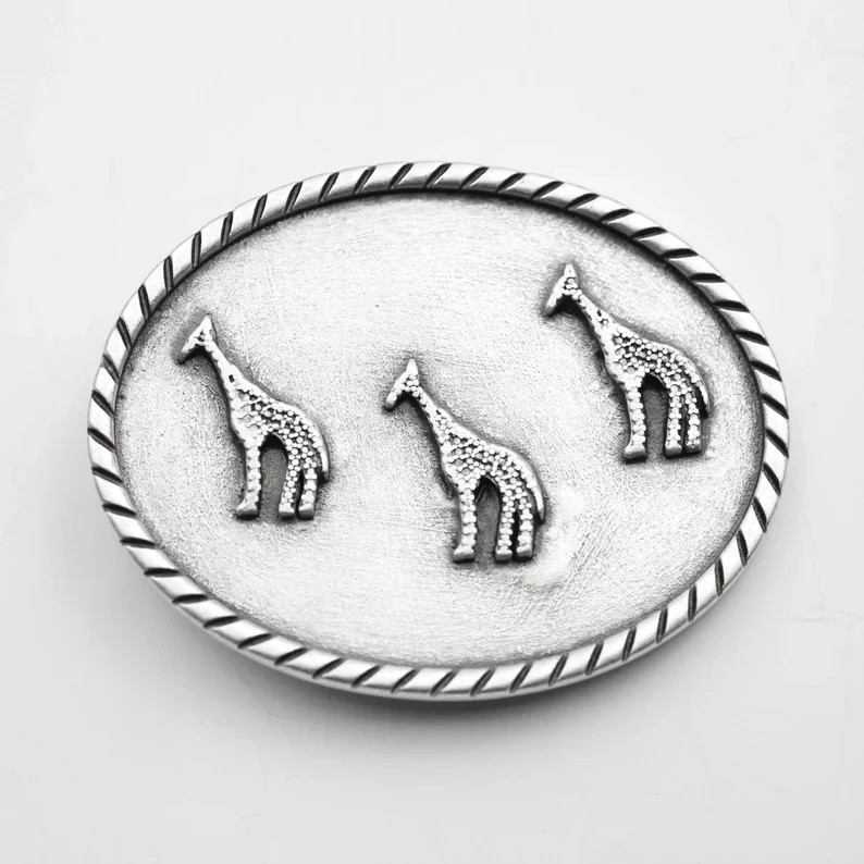 Belt Buckle Giraffe Family Antique Silver Oval Animal Print Safari Nature Design
