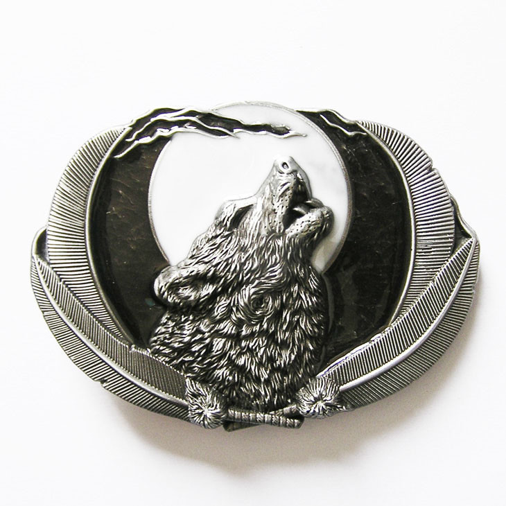 Enamel Animal Moon Wildlife Shout Wolf Oval Western Belt Buckle
