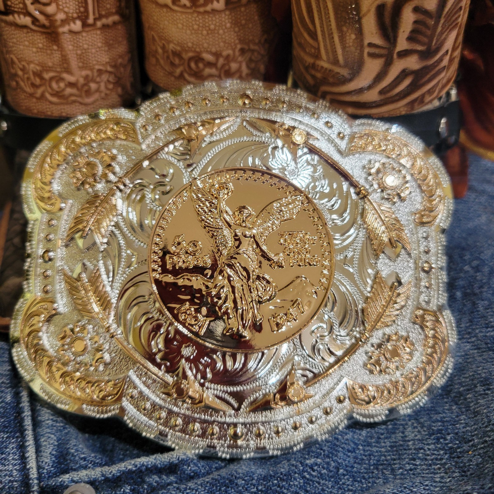 Centenario Cowboy Belt Buckle Western Hebilla Rodeo Silver Rosetone Coin