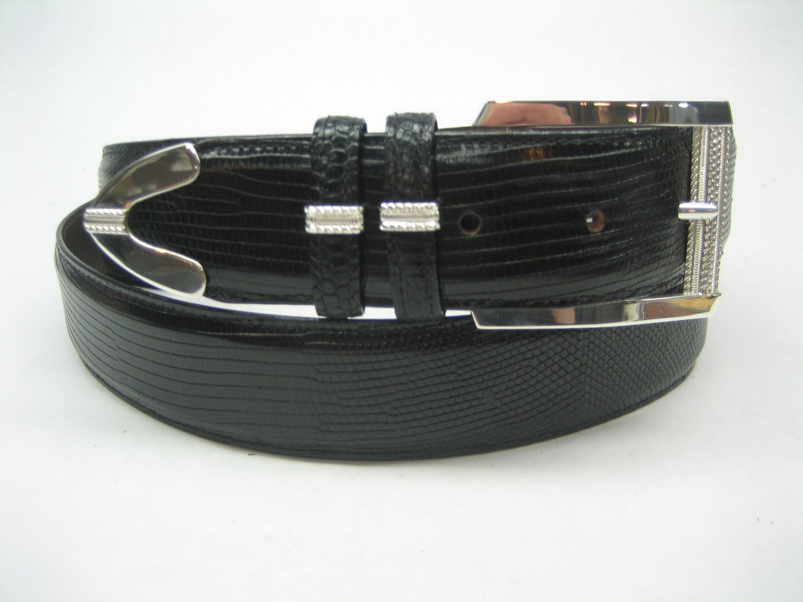 STERLING SILVER 925 BUCKLE TWO LOOP AND TIP SET & GENUINE LIZARD 1.5&Prime; BELT U.S.A