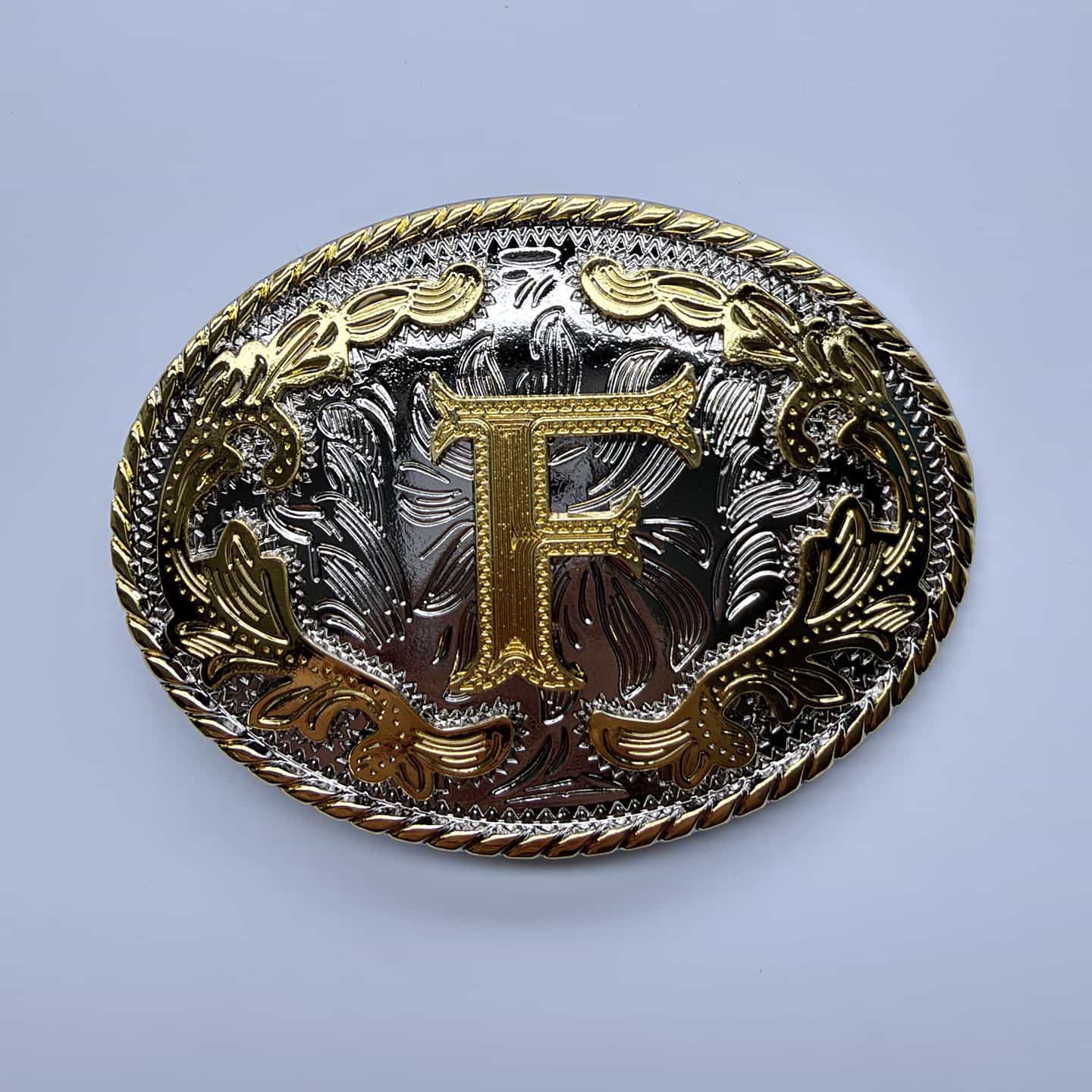 Bright Silver With Gold Initial Letter A-Z Cowboy Cowgirl Oval Belt Buckle