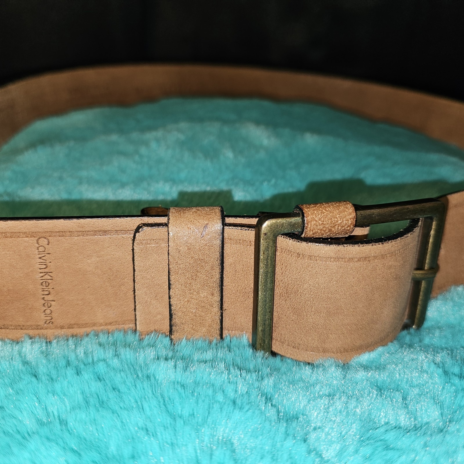 Calvin Klein Jeans Belt Mens Size M Brown Leather Logo Casual Belt Brass Buckle