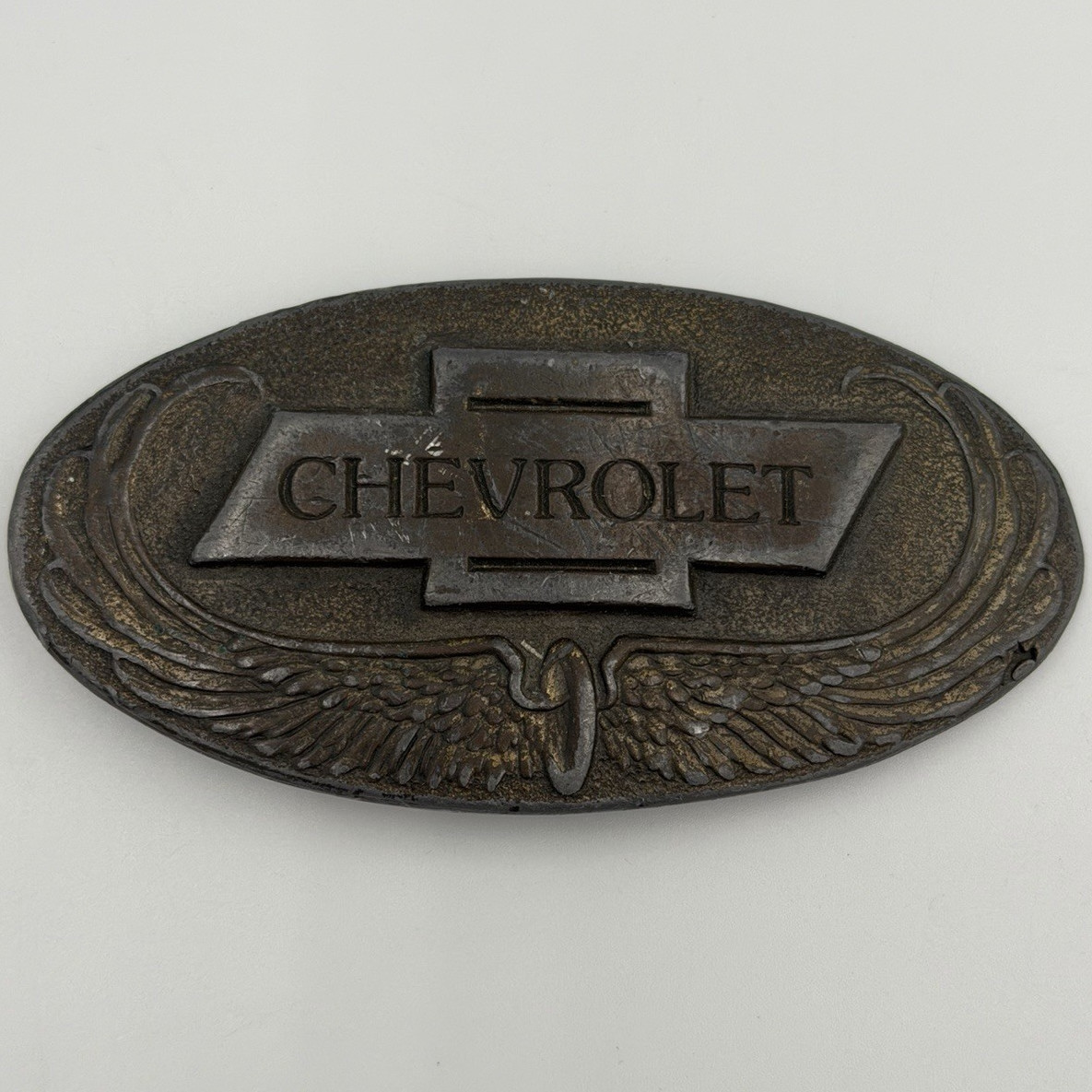 Chevrolet Oval Logo Metal Plate Belt Buckle Bronze Antique Finish Fits 2in