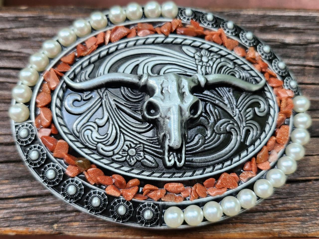 BULL HEAD SKULL INDIAN SW COWBOY RODEO MULTICOLOR SILVER BELT BUCKLE