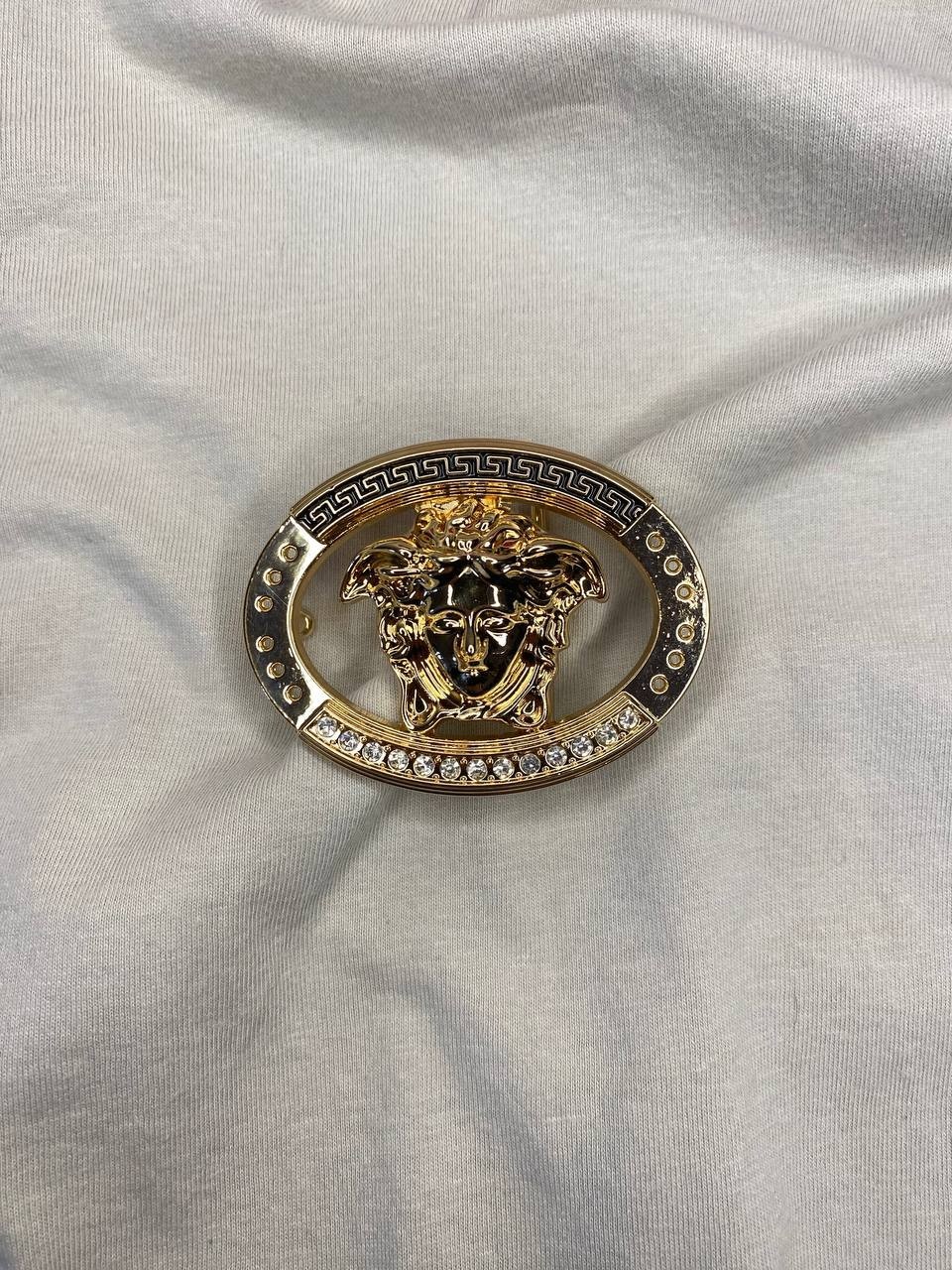 Gold Medusa Head Belt Buckle Black Greek Key Crystal Oval