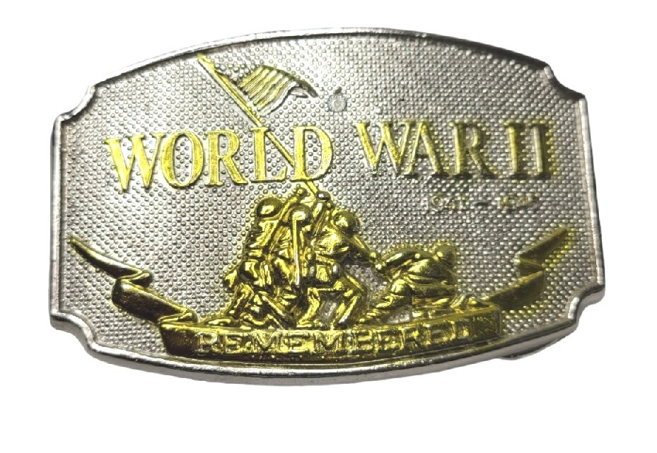 World War II Remembered Belt Buckle Silver Gold Tone 1992
