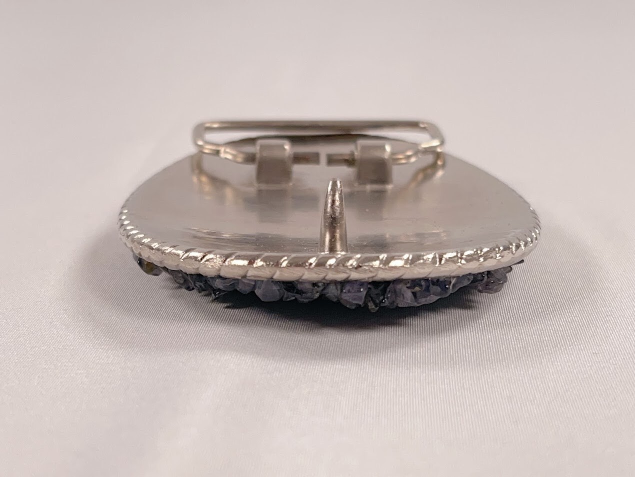 Handmade Oval Silver-Tone Belt Buckle with Iolite Gemstone Bead Inlay – Western