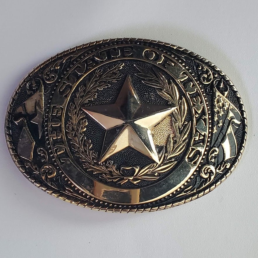 The State of Texas Belt Buckle Gold Tone Lone Star Seal Western Cowboy Large