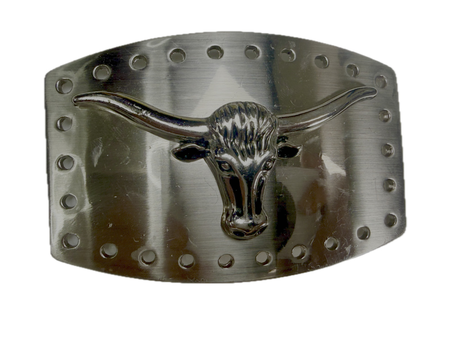 Texas Longhorn Cow Bull Head Steer Hole Border Silver Color Western Belt Buckle