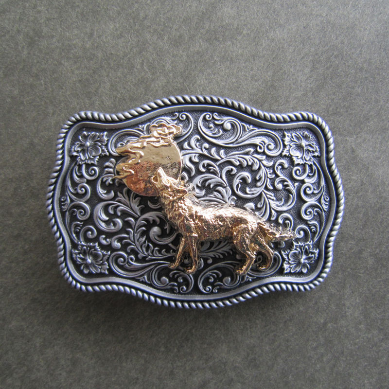 Western Flower Pattern Moon Howling Wolf Metal Belt Buckle