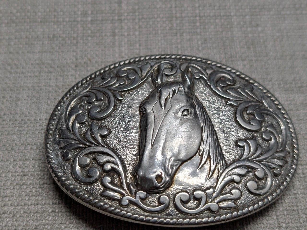 vintage USA made HORSE belt buckle CHAMBERS western 24K GOLD PLATE brass