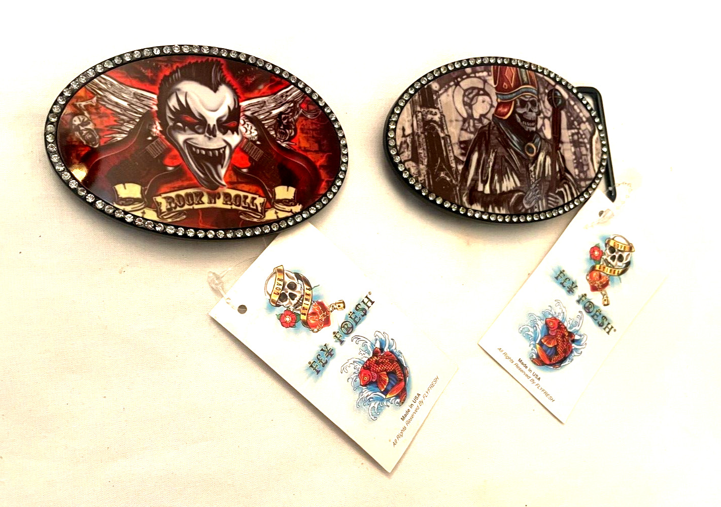 2 Fly Fresh Shull, ROCK N&rsquo; ROLL Gothic 4 1/4 Belt Buckles w/Rhinestones USA made