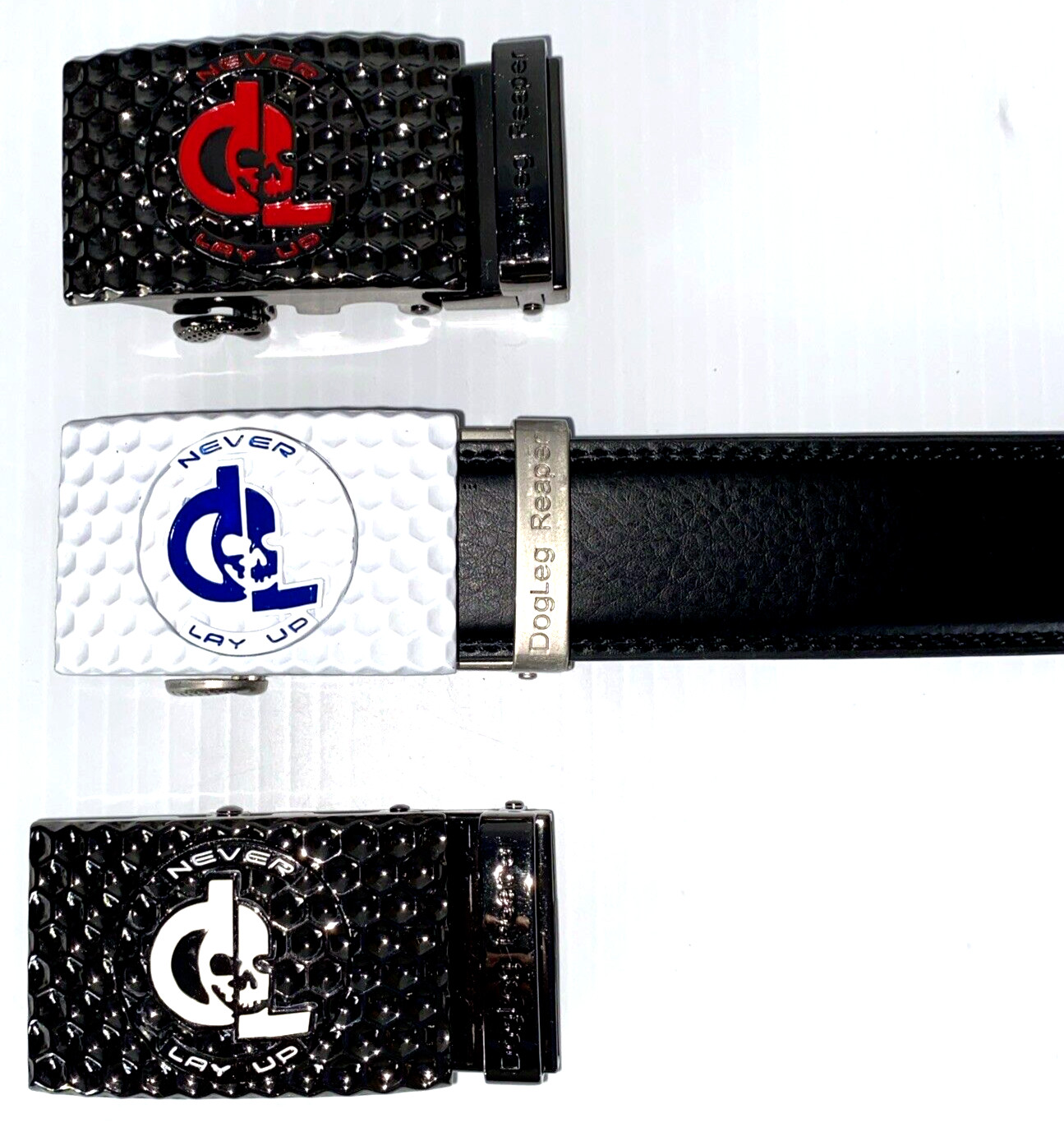 Golf Belt Buckle & Leather Belt Removable Magnetic Ball Marker Ratchet Dog Leg