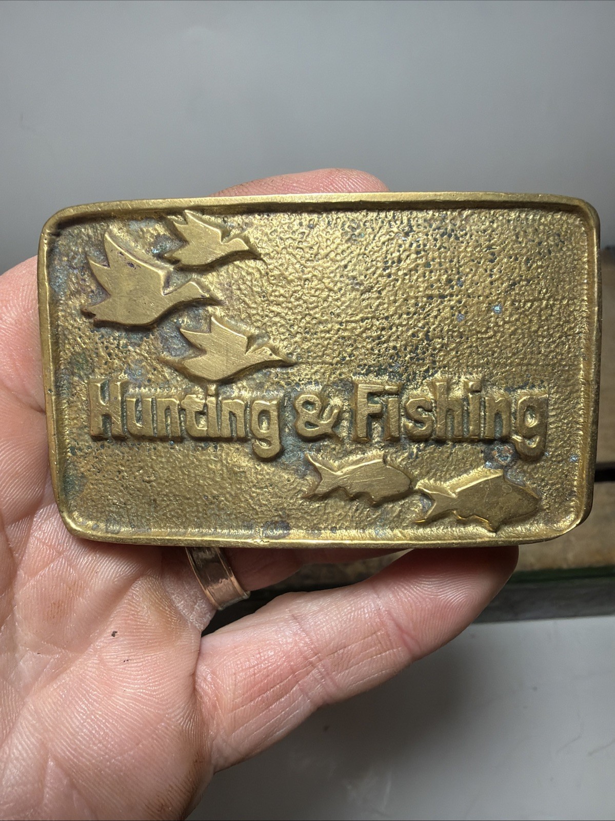 Vintage Hunting & Fishing Belt Buckle Solid Brass Ducks Fish Mens Taiwan 788