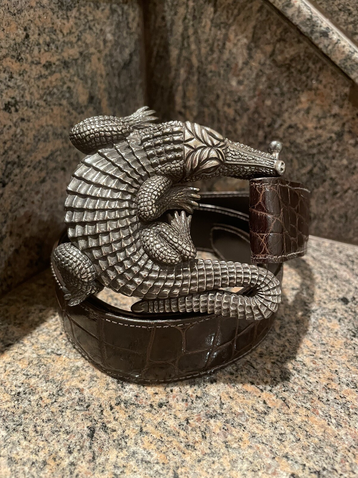 HUGE!! Kieselstein-Cord Sterling Alligator Buckle Brown Alligator Belt Size 2