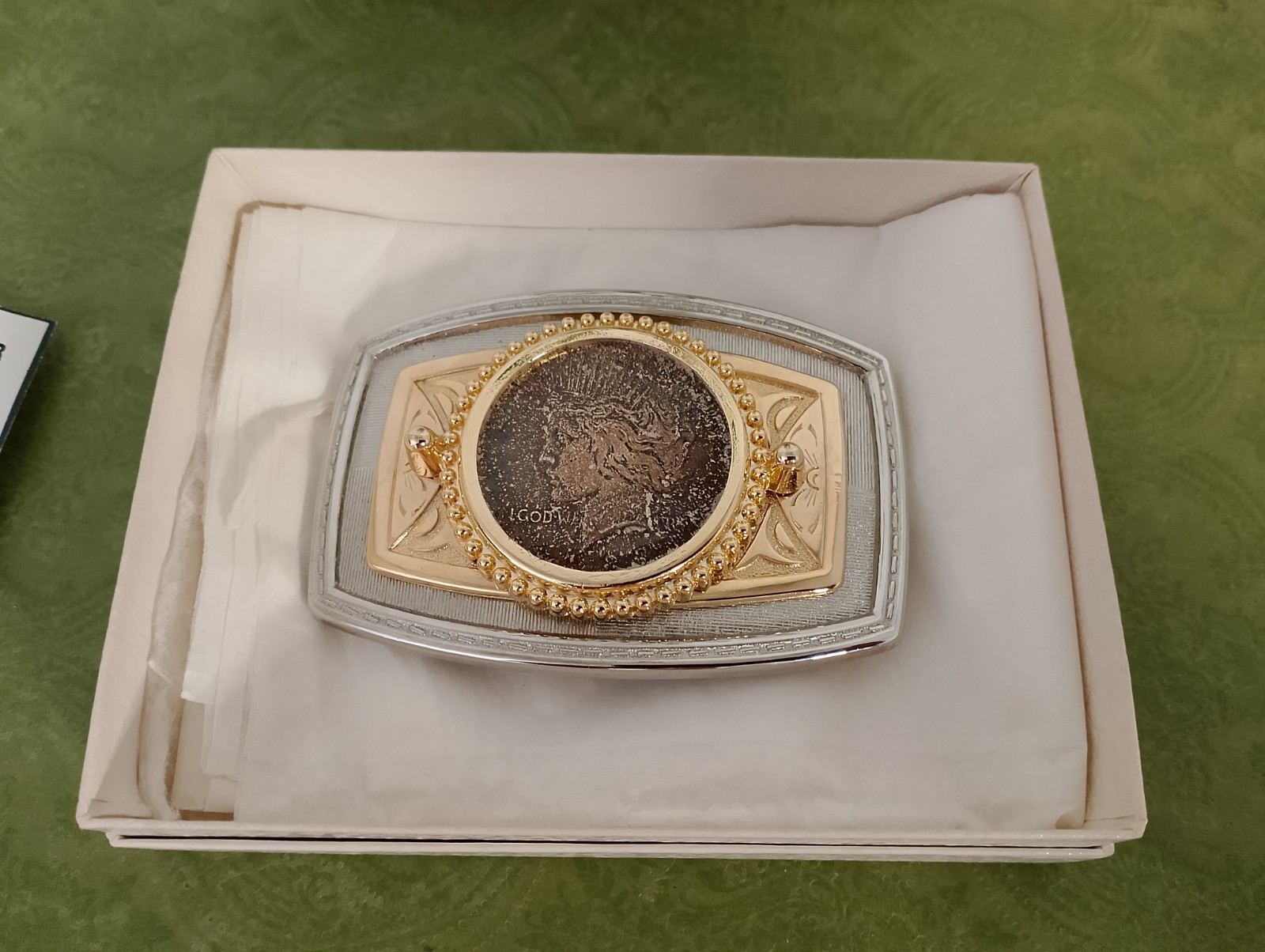 Silver Gold Color REAL 1923 Peace Silver Dollar Rectangle Frame Belt Buckle