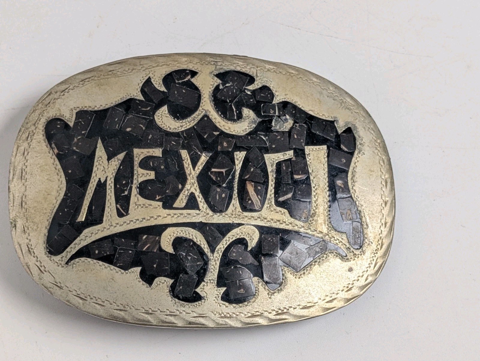 Vintage Mexico Alpaca Silver Mosaic Inlay Oval Belt Buckle Western Boho Unisex