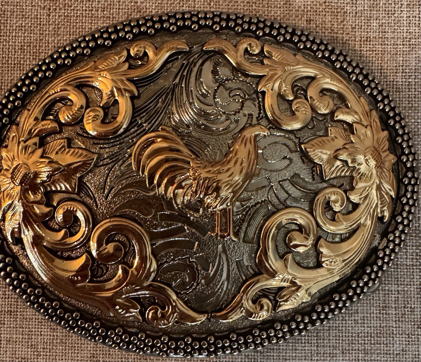 ALSA SILVER & Gold tone OVAL STANDING ROOSTER Belt Buckle