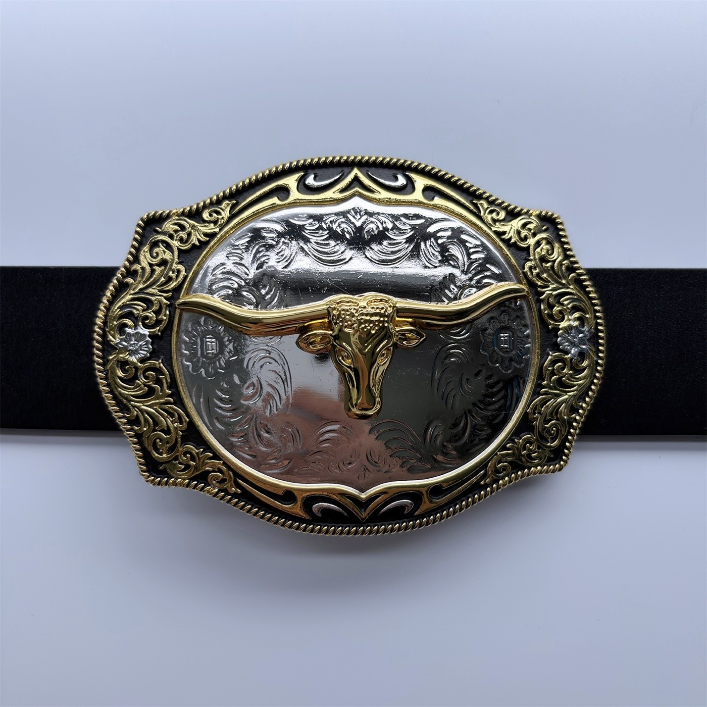 Bright Silver With Gold Longhorn Bull Rodeo Cowboy Cowgirl Belt Buckle Hebilla