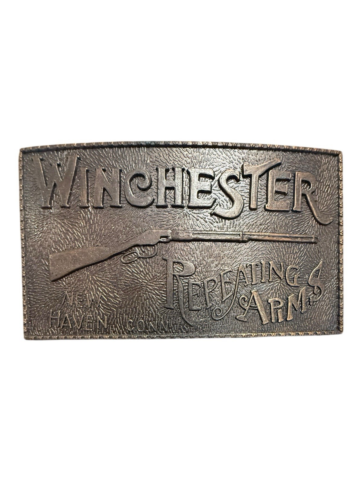 Vintage Brass Belt Buckle Winchester Repeating Arms New Haven Conn. Rifle Guns