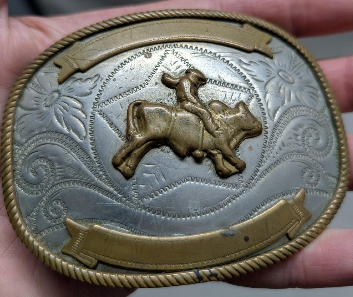 vintage RODEO buckle belt BULL RIDER cowboy GERMAN SILVER trophy WESTERN floral