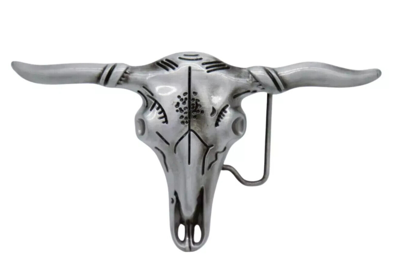 Silver Gray Bull LONGHORN Western Belt Buckle Cowboy Rodeo buckle All Metal