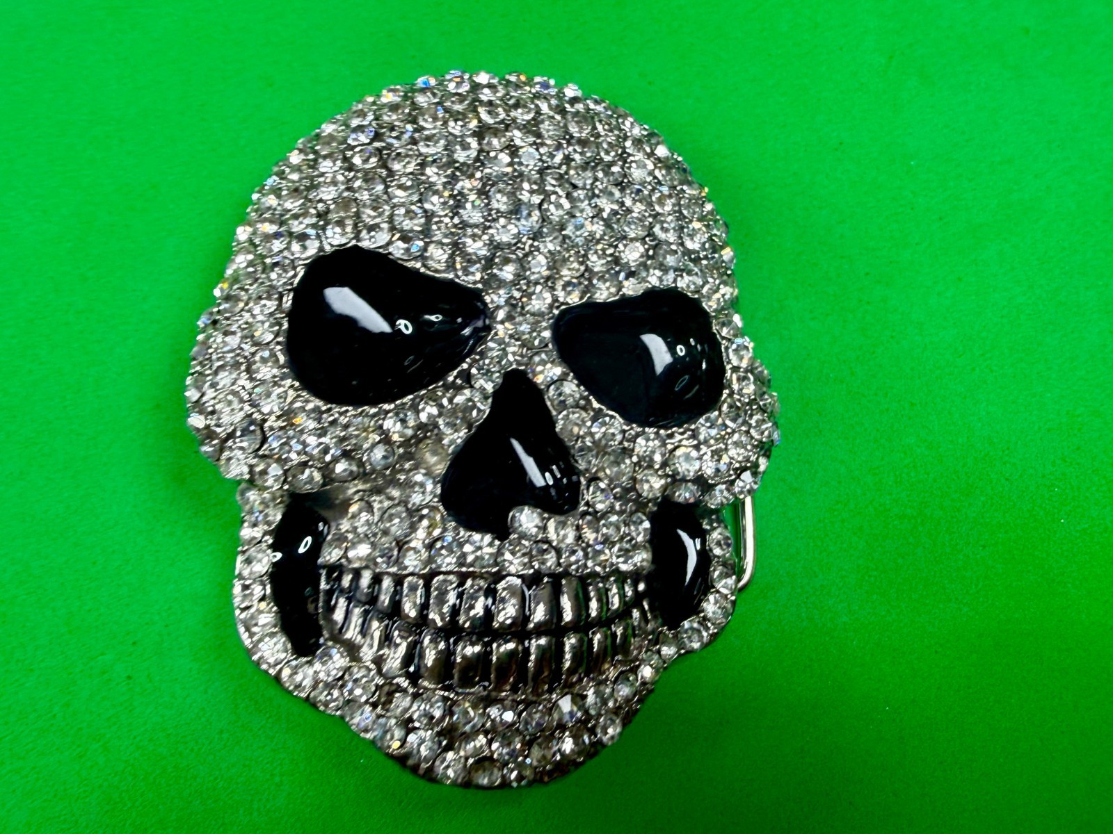 Creepy Skull Grinning Teeth Black Enamel Clear Rhinestone Covered Belt Buckle