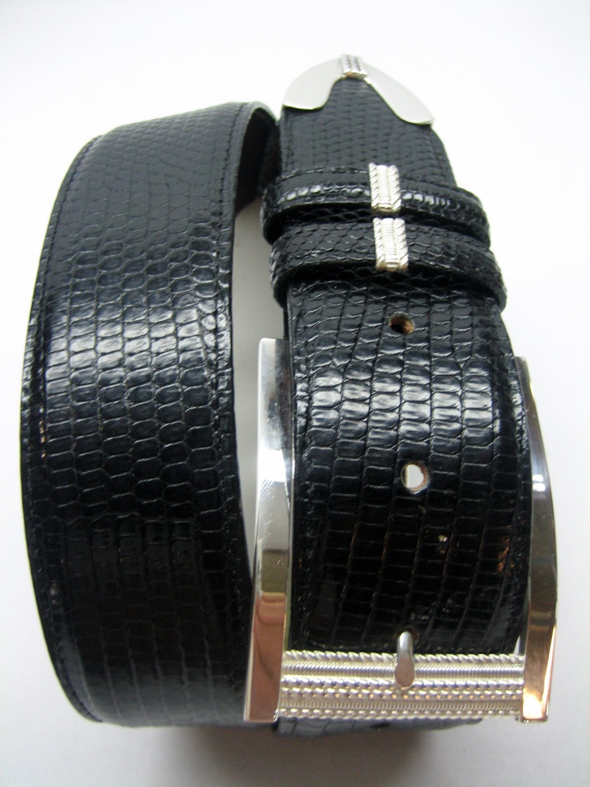 Sterling Silver 925 buckle 2 loops & tip set w Lizard 1-1/2&Prime; belt size 26 to 46